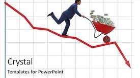  Presentation with people lost money fired businessman - PPT theme consisting of meltdown - businessman pushing money wheelbarrow down background and a cool aqua colored foreground