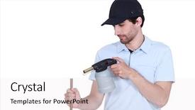  Presentation with pipe flanges - Slide set with melting copper - plumber heating pipe with blow-torch background and a white colored foreground