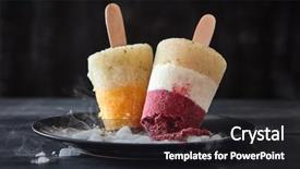  Presentation with lolly - Slides featuring homemade fruit berry lolly sorbet on a stick in a black plate with pieces of melting ice on a dark wooden table cooling healthy dessert background and a dark gray colored foreground