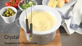  Presentation with farm to table leafy vegetables - PPT theme consisting of fondue set cheese and vegetables background and a coral colored foreground