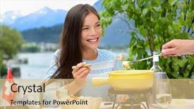  Presentation with eating - Beautiful PPT theme featuring european culture - people eating swiss cheese fondue backdrop and a yellow colored foreground
