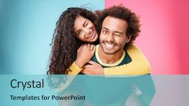  Presentation with african american collaboration - Slide deck featuring portrait of happy african american young couple having fun and winking background and a light blue colored foreground