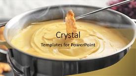  Presentation with recipe fondue - Audience pleasing slides consisting of metal pane - rusk and cheese fondue closeup backdrop and a yellow colored foreground