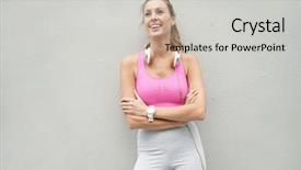  Presentation with sportswear - PPT layouts featuring member get member - fit young woman in sportswear background and a light gray colored foreground
