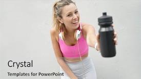  Presentation with workout - Slides with member get member - happy fit woman in sportswear background and a light gray colored foreground