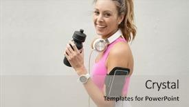  Presentation with fit and cute - Colorful theme enhanced with member get member - happy fit woman in sportswear backdrop and a light gray colored foreground