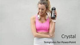  Presentation with workout - Slides having member get member - happy fit woman in sportswear background and a light gray colored foreground