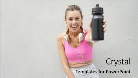  Presentation with fit test - Cool new slides with member get member - happy fit woman in sportswear backdrop and a light gray colored foreground