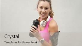  Presentation with happy smiling woman dental health - Presentation design having member get member - happy fit woman in sportswear background and a light gray colored foreground