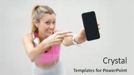  Presentation with nurse cellphone - Theme featuring member get member - smiling woman in sporstwear pointing background and a light gray colored foreground