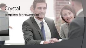  Presentation with team - Presentation design having member of the working team background and a light gray colored foreground