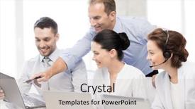  Presentation with small group working - Colorful presentation theme enhanced with member service - picture of group of people backdrop and a soft green colored foreground