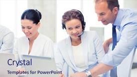  Presentation with small group working - Slide deck with member service - picture of group of people background and a sky blue colored foreground