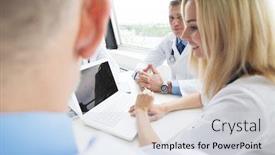  Presentation with medical laptop - Beautiful presentation theme featuring members-of-a-medical-team backdrop and a light gray colored foreground