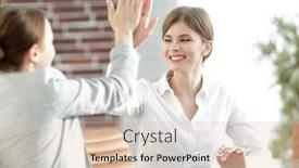  Presentation with members - Cool new slide set with members of the business team giving each other a high five backdrop and a lemonade colored foreground