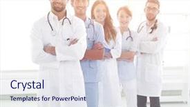  Presentation with members - Cool new slide set with members of the medical center backdrop and a  colored foreground