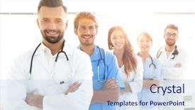  Presentation with portrait of medical professionals - PPT theme enhanced with members of the medical center background and a  colored foreground