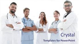  Presentation with members - Audience pleasing presentation design consisting of members of the medical center backdrop and a sky blue colored foreground