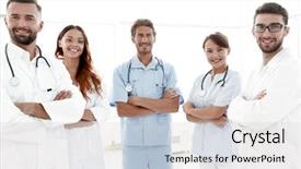  Presentation with members - Cool new PPT theme with members of the medical center backdrop and a light gray colored foreground