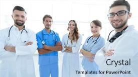  Presentation with members - Beautiful presentation theme featuring members of the medical center backdrop and a  colored foreground