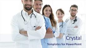  Presentation with portrait of medical professionals - Colorful presentation theme enhanced with members of the medical center backdrop and a  colored foreground