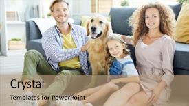  Presentation with family pet - Amazing PPT theme having members of young modern family backdrop and a coral colored foreground
