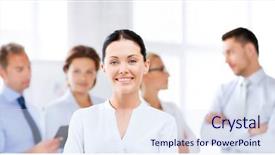 Presentation with office - Audience pleasing PPT theme consisting of members team - picture of smiling attractive businesswoman backdrop and a sky blue colored foreground