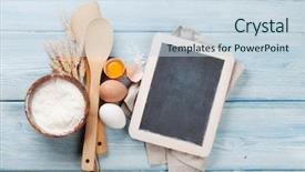  Presentation with pasta - PPT theme consisting of memo board - pasta cooking ingredients on wooden background and a sky blue colored foreground