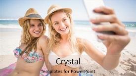  Presentation with selfie - Cool new slides with memories b day - two friends in bikini taking backdrop and a  colored foreground
