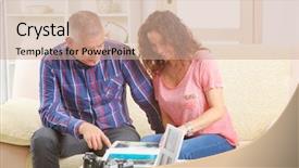  Presentation with memory book - Amazing presentation design having memory book romance - cheerful couple looking at pictures backdrop and a coral colored foreground