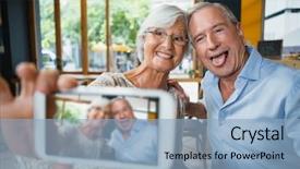  Presentation with senior couple - PPT theme having memory care - happy senior couple taking selfie background and a  colored foreground