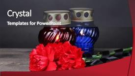  Presentation with memory - Colorful PPT theme enhanced with memory lantern with candles red carnations and ribbon on wooden table on grey background backdrop and a dark gray colored foreground