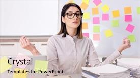  Presentation with exercises - Cool new slide deck with memos - young female employee doing exercises backdrop and a soft green colored foreground