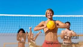  Presentation with beach ball - Theme having men - playing beach volleyball background and a coral colored foreground