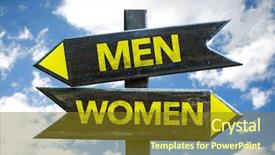  Presentation with women - PPT theme featuring men - women signpost with sky background and a tawny brown colored foreground