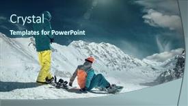  Presentation with sport blue - PPT theme consisting of men and woman on the snowboards before sport action at sunny day around mountains under blue sky background and a ocean colored foreground