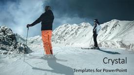  Presentation with sport blue - Slides having men and woman on the ski before sport action at sunny day around mountains under blue sky background and a light blue colored foreground