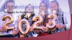  Presentation with new year - PPT theme having men-and-women-celebrating background and a light blue colored foreground