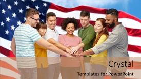  Presentation with diversity hands - Beautiful PPT theme featuring men and women holding hands backdrop and a coral colored foreground