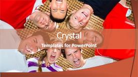  Presentation with spirit - Slide set with men and women in mixed sport team presenting team spirit background and a coral colored foreground
