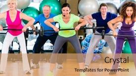  Presentation with old black men - Amazing PPT theme having men and women lifting barbell in gym diversity group of old young black and white people backdrop and a coral colored foreground
