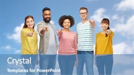  Presentation with race ethnicity - Slide set consisting of men and women pointing finger background and a teal colored foreground