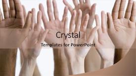  Presentation with women - Slide deck featuring men and women raising hand background and a coral colored foreground