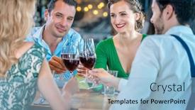  Presentation with restaurant toasting - Cool new slide set with men-and-women-toasting backdrop and a light blue colored foreground