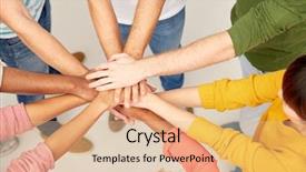  Presentation with friendship - PPT layouts having men and women with hands background and a coral colored foreground