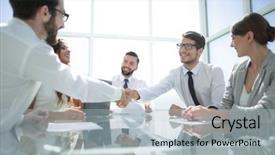  Presentation with stretching - PPT theme enhanced with men conference - businessmen stretching out their hands background and a light blue colored foreground