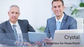  Presentation with working together - PPT theme having men conference - happy businessmen working together background and a  colored foreground