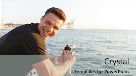  Presentation with water bottle - Slide set featuring men exercise hydration - happy young sportsman in earphones background and a light gray colored foreground
