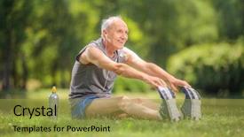  Presentation with music headphones - PPT theme having men exercising bottled water - joyful senior stretching his legs background and a gold colored foreground