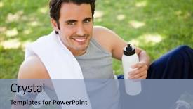  Presentation with gold man smile - Amazing PPT theme having men exercising bottled water - man smiling with a white backdrop and a light blue colored foreground